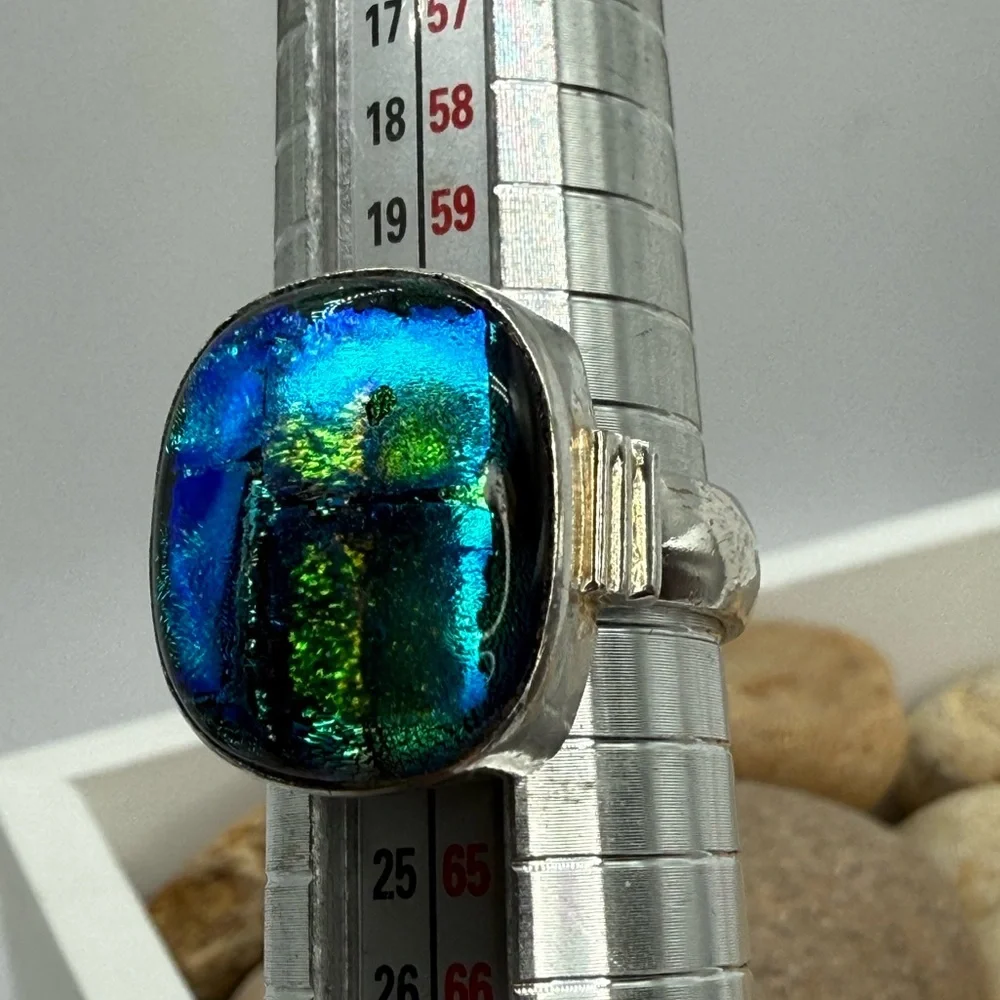 Sterling Silver Multicolor Blue Dichroic Glass Statement Ring Size 10 – 10.6g